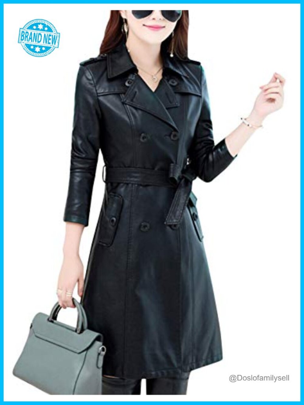 Tanming Womens Faux Leather Double Breasted Mid Long Trench Coat